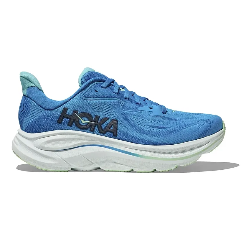 Tênis masculino Hoka Clifton 10 azul com detalhes brancos e verde claro, vista lateral direita, material sintético, fechamento em cadarço azul, solado branco com verde claro